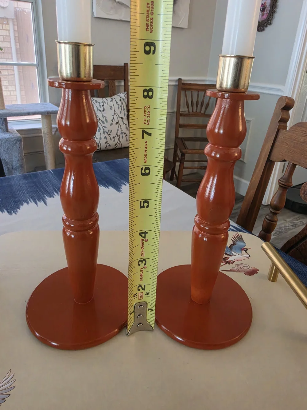 Pair of hand-turned vintage wooden candlestick holders Warm Terracotta hue